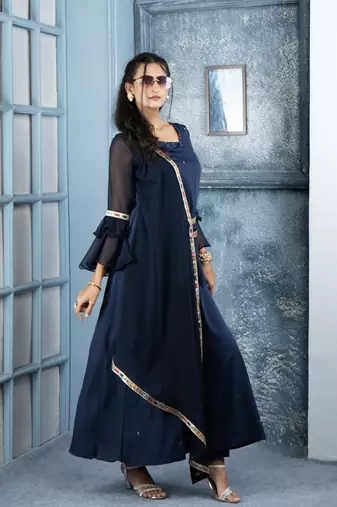 Nikhaar navy-blue embroidered georgette asymmetrical kurta & pants set