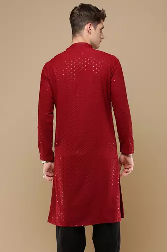 Stylish maroon chikankari with sequins cotton kurta for men by sanwara