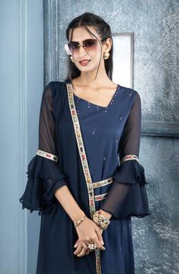 Nikhaar navy-blue embroidered georgette asymmetrical kurta & pants set 5