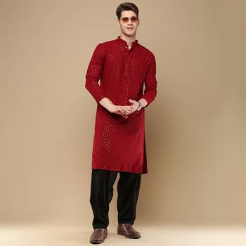 Stylish maroon chikankari with sequins cotton kurta for men by sanwara 5
