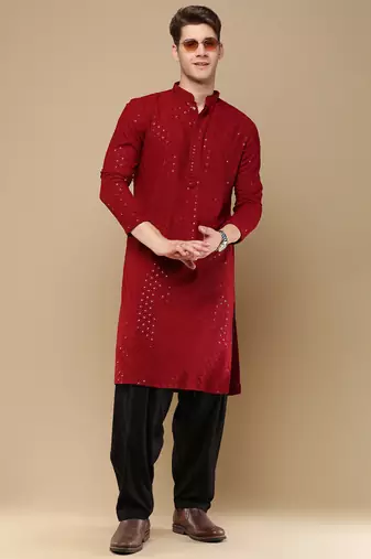 Stylish maroon chikankari with sequins cotton kurta for men by sanwara