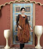 Nikhaar orange embroidered georgette asymmetrical kurta & pants set