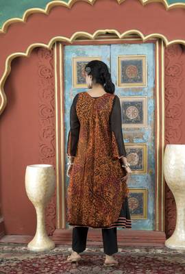 Nikhaar orange embroidered georgette asymmetrical kurta & pants set 5