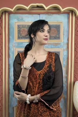 Nikhaar orange embroidered georgette asymmetrical kurta & pants set 6