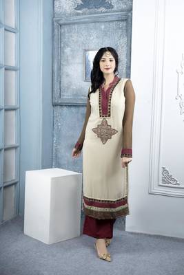 Nikhaar beige embroidered georgette straight cut kurta & palazzo set 1