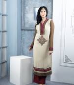 Nikhaar beige embroidered georgette straight cut kurta & palazzo set