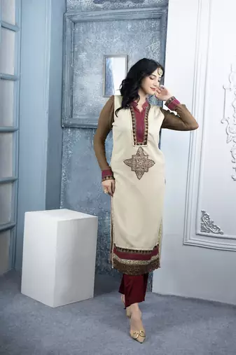 Nikhaar beige embroidered georgette straight cut kurta & palazzo set