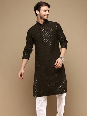 Dapper & dazzling men's solid olive chikankari with sequins party wear cotton kurta by sanwara 1