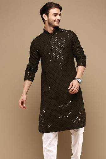 Dapper & dazzling men's solid olive chikankari with sequins party wear cotton kurta by sanwara