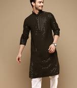 Dapper & dazzling men's solid olive chikankari with sequins party wear cotton kurta by sanwara