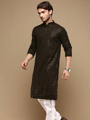 Dapper & dazzling men's solid olive chikankari with sequins party wear cotton kurta by sanwara 2