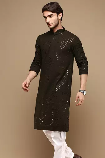 Dapper & dazzling men's solid olive chikankari with sequins party wear cotton kurta by sanwara