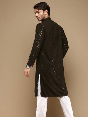 Dapper & dazzling men's solid olive chikankari with sequins party wear cotton kurta by sanwara 3