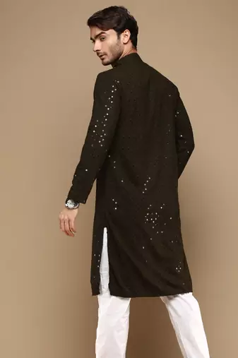 Dapper & dazzling men's solid olive chikankari with sequins party wear cotton kurta by sanwara