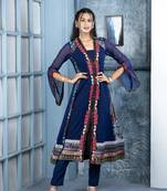 Nikhaar blue embroidered georgette anarkali kurta & pants set