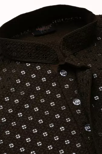 Dapper & dazzling men's solid olive chikankari with sequins party wear cotton kurta by sanwara