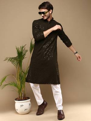 Dapper & dazzling men's solid olive chikankari with sequins party wear cotton kurta by sanwara 5