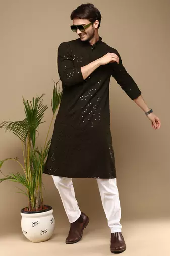 Dapper & dazzling men's solid olive chikankari with sequins party wear cotton kurta by sanwara