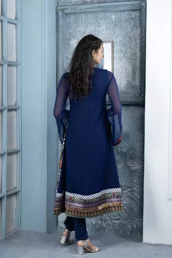 Nikhaar blue embroidered georgette anarkali kurta & pants set