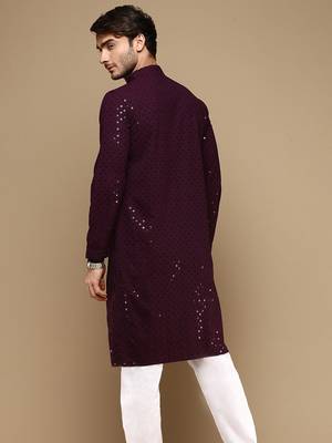 Dapper & dazzling men's solid purple chikankari with sequins party wear cotton kurta by sanwara 2