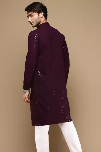 Dapper & dazzling men's solid purple chikankari with sequins party wear cotton kurta by sanwara