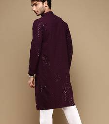 Dapper & dazzling men's solid purple chikankari with sequins party wear cotton kurta by sanwara
