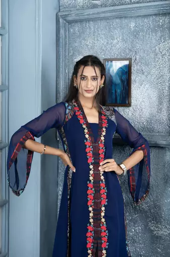 Nikhaar blue embroidered georgette anarkali kurta & pants set