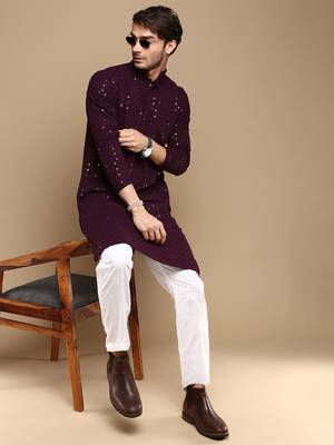 Dapper & dazzling men's solid purple chikankari with sequins party wear cotton kurta by sanwara 1