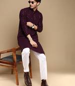 Dapper & dazzling men's solid purple chikankari with sequins party wear cotton kurta by sanwara