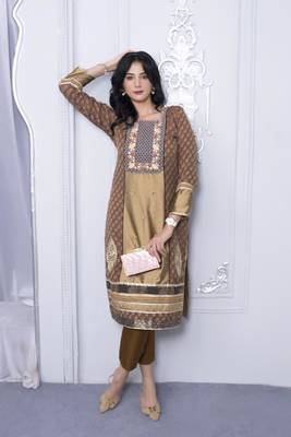 Nikhaar brown embroidered silk straight cut kurta & pants set 1