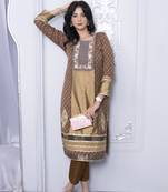 Nikhaar brown embroidered silk straight cut kurta & pants set