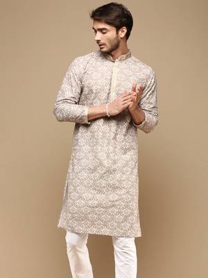 Dapper & dazzling men's solid fawn chikankari with sequins party wear cotton kurta by sanwara 1