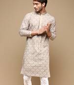 Dapper & dazzling men's solid fawn chikankari with sequins party wear cotton kurta by sanwara