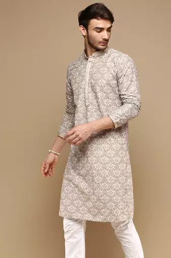 Dapper & dazzling men's solid fawn chikankari with sequins party wear cotton kurta by sanwara