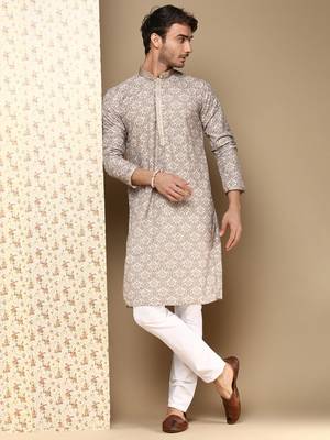 Dapper & dazzling men's solid fawn chikankari with sequins party wear cotton kurta by sanwara 3