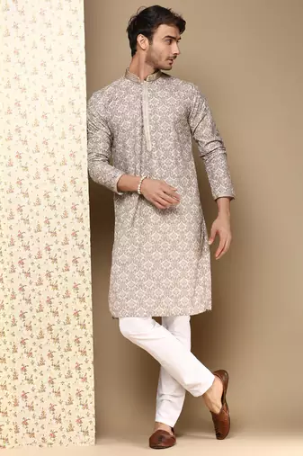 Dapper & dazzling men's solid fawn chikankari with sequins party wear cotton kurta by sanwara