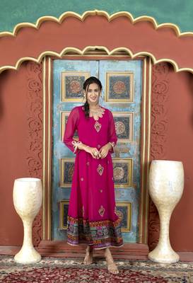 Nikhaar pink embroidered georgette anarkali kurta & palazzo set 1