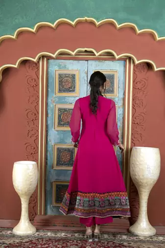 Nikhaar pink embroidered georgette anarkali kurta & palazzo set