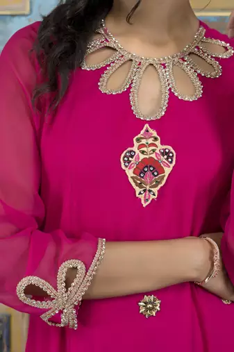 Nikhaar pink embroidered georgette anarkali kurta & palazzo set