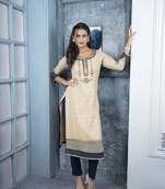 Nikhaar beige embroidered silk straight cut kurta & kurta & pants set