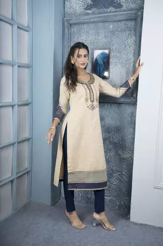 Nikhaar beige embroidered silk straight cut kurta & kurta & pants set