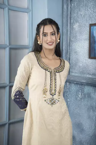 Nikhaar beige embroidered silk straight cut kurta & kurta & pants set