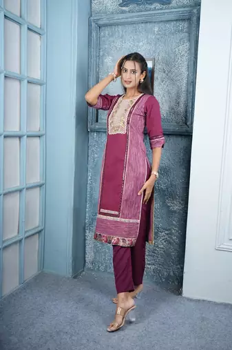 Nikhaar maroon embroidered silk straight cut kurta & pants set