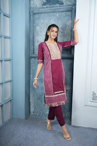 Nikhaar maroon embroidered silk straight cut kurta & pants set