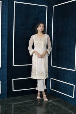 Nikhaar beige embroidered net straight cut kurta & palazzo set 1