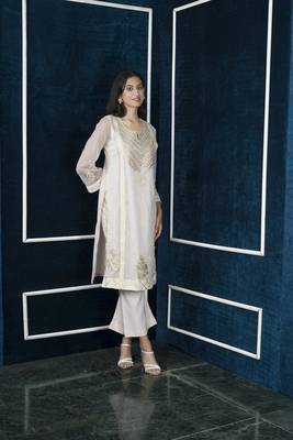 Nikhaar beige embroidered net straight cut kurta & palazzo set 4