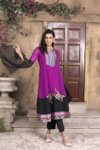 Nikhaar magenta embroidered georgette anarkali kurta & pants set