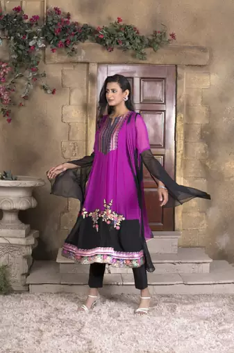 Nikhaar magenta embroidered georgette anarkali kurta & pants set