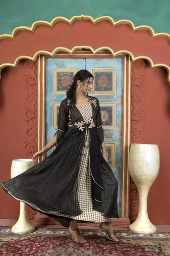 Nikhaar black embroidered georgette asymmetrical kurta & pants set