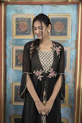 Nikhaar black embroidered georgette asymmetrical kurta & pants set 6